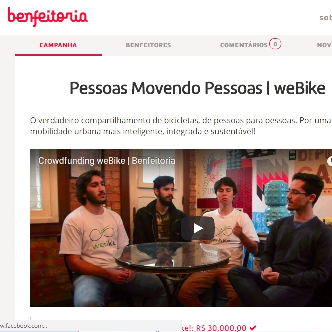 Print do site do Crowdfunding Benfeitoria com o projeto bem sucedido realizado para obter recursos para o lançamento da Loop Bike Sharing